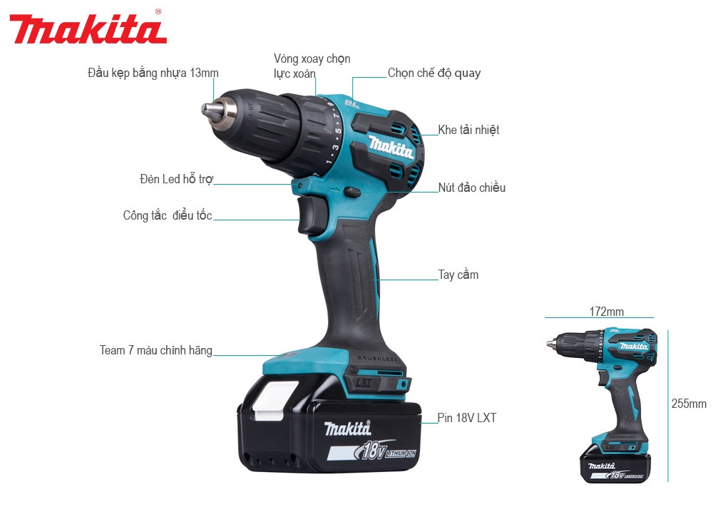 Chi tiết máy khoan động lực dùng pin Makita DHP490Z